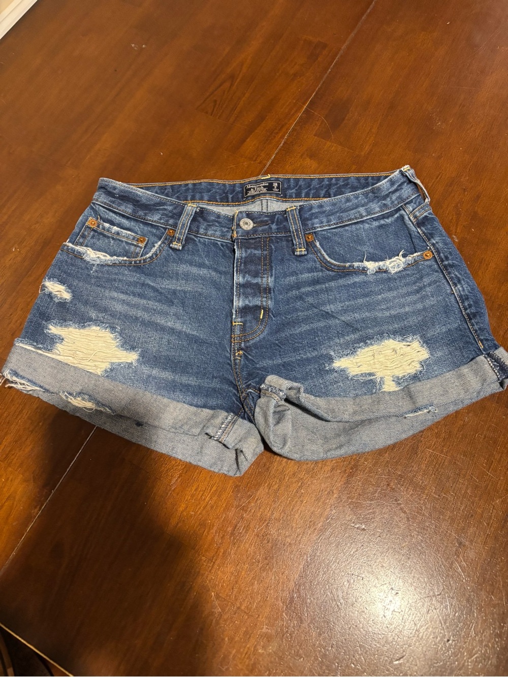 Abercrombie & Fitch Women’s Distressed Rolled-Hem Denim Shorts - Blue